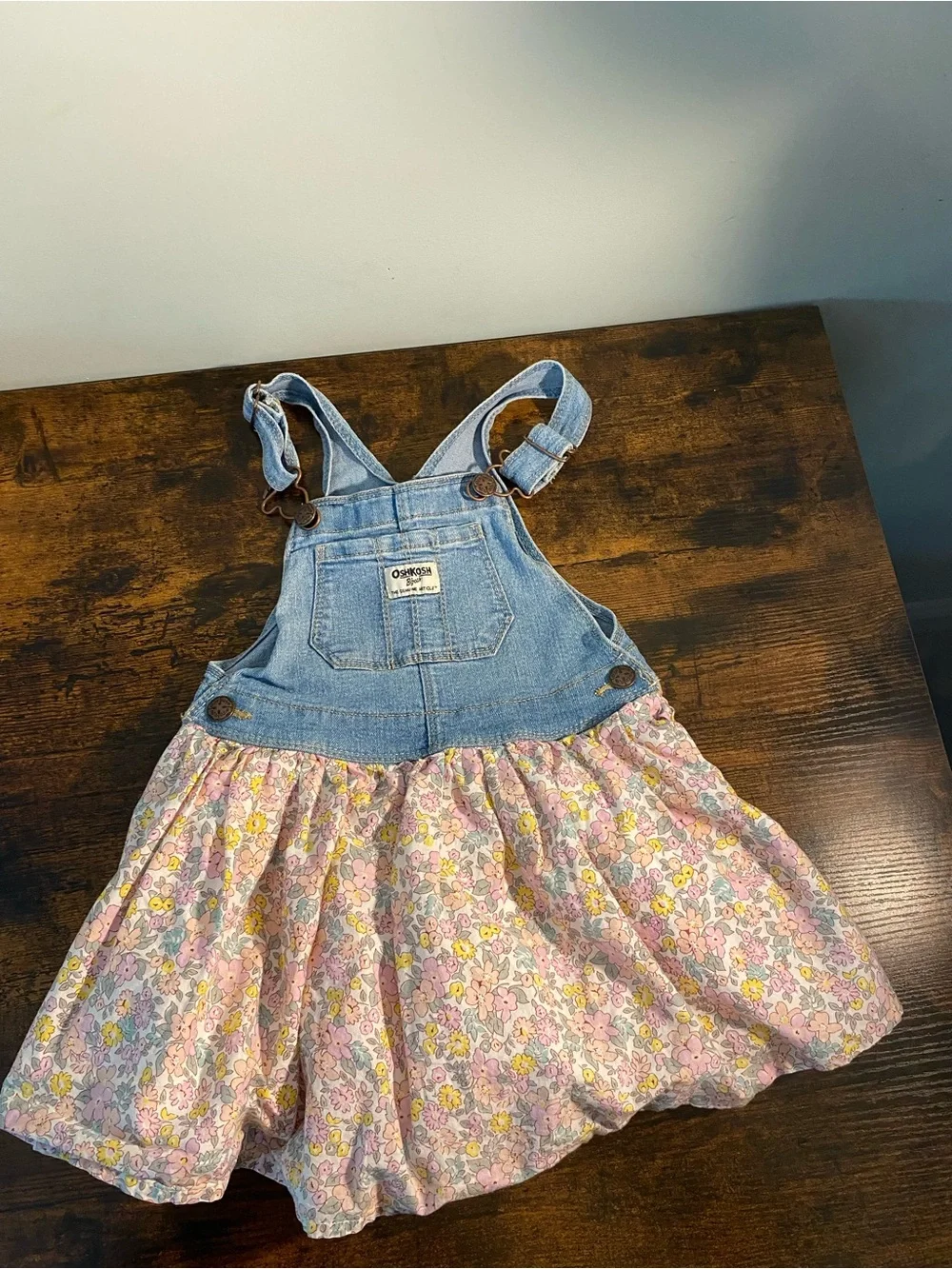 OshKosh B'gosh Light Blue Denim Floral Overall Dress - Pink & Yellow